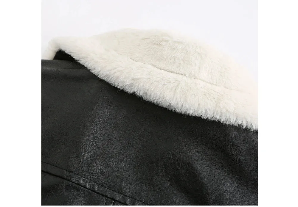 Women Winter Warmth Faux Leather Biker Jacket with Fur Trim