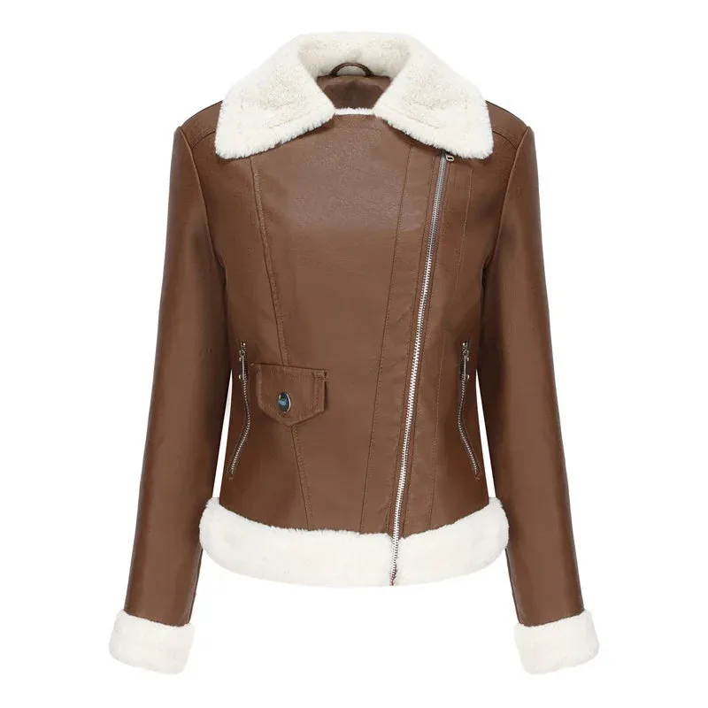 Women Winter Warmth Faux Leather Biker Jacket with Fur Trim