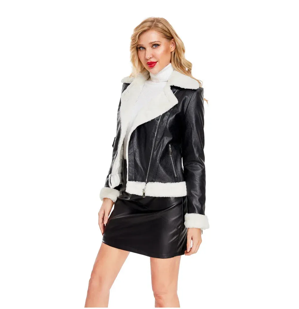 Women Winter Warmth Faux Leather Biker Jacket with Fur Trim